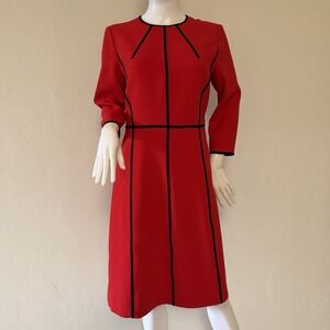 Escada Knit Wool Sheath Dress Red Black Contrast Trim 3/4 Sleeve IT Size 38 US 8